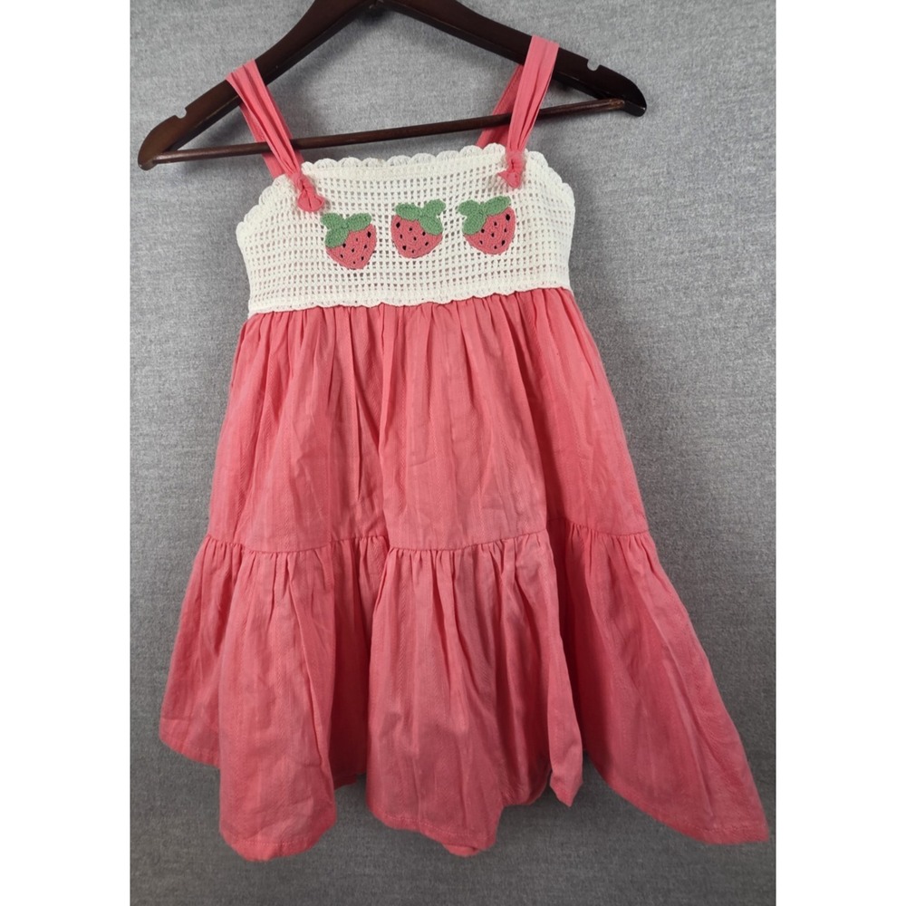 Tommy Bahama Sun Dress Girls 7 Pink Strawberry Embroidered Tiered Crochet Lined
